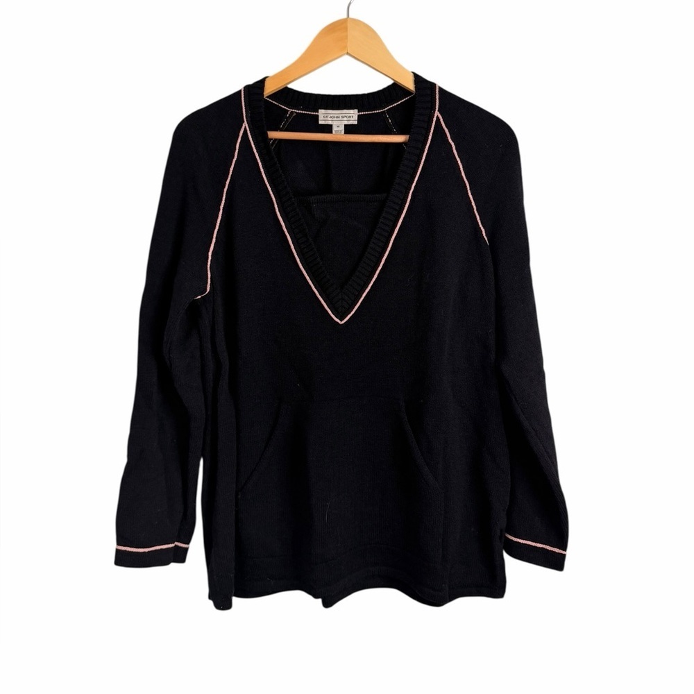 St. John Sport Black V-Neck Thick Knit Sweater Pink Trim Women’s Sz Medium